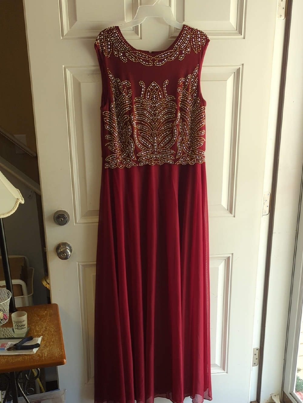 Beaded Sleeveless Wine-Red Prom Dress